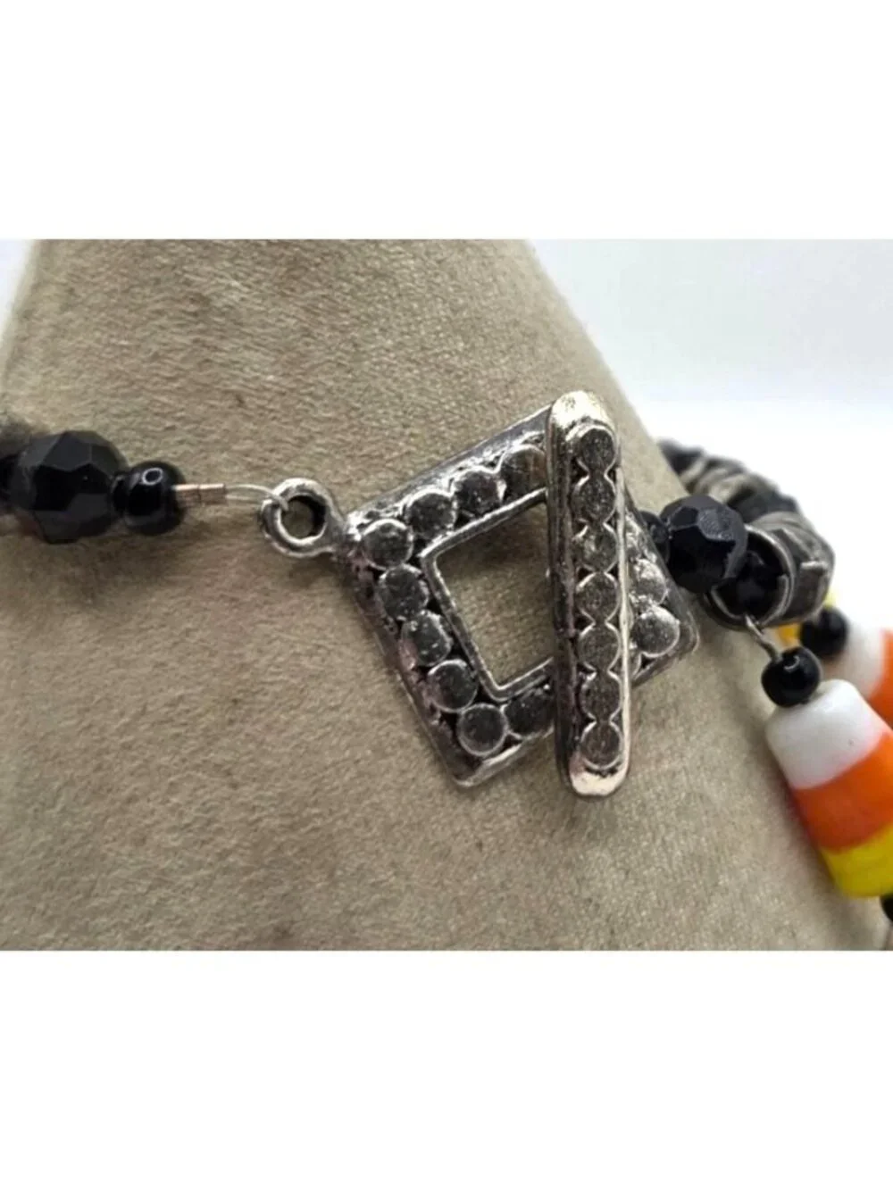 Candy Corn Look Glass Bead Charm Bracelet With Black Beads & Silver Accents Togg